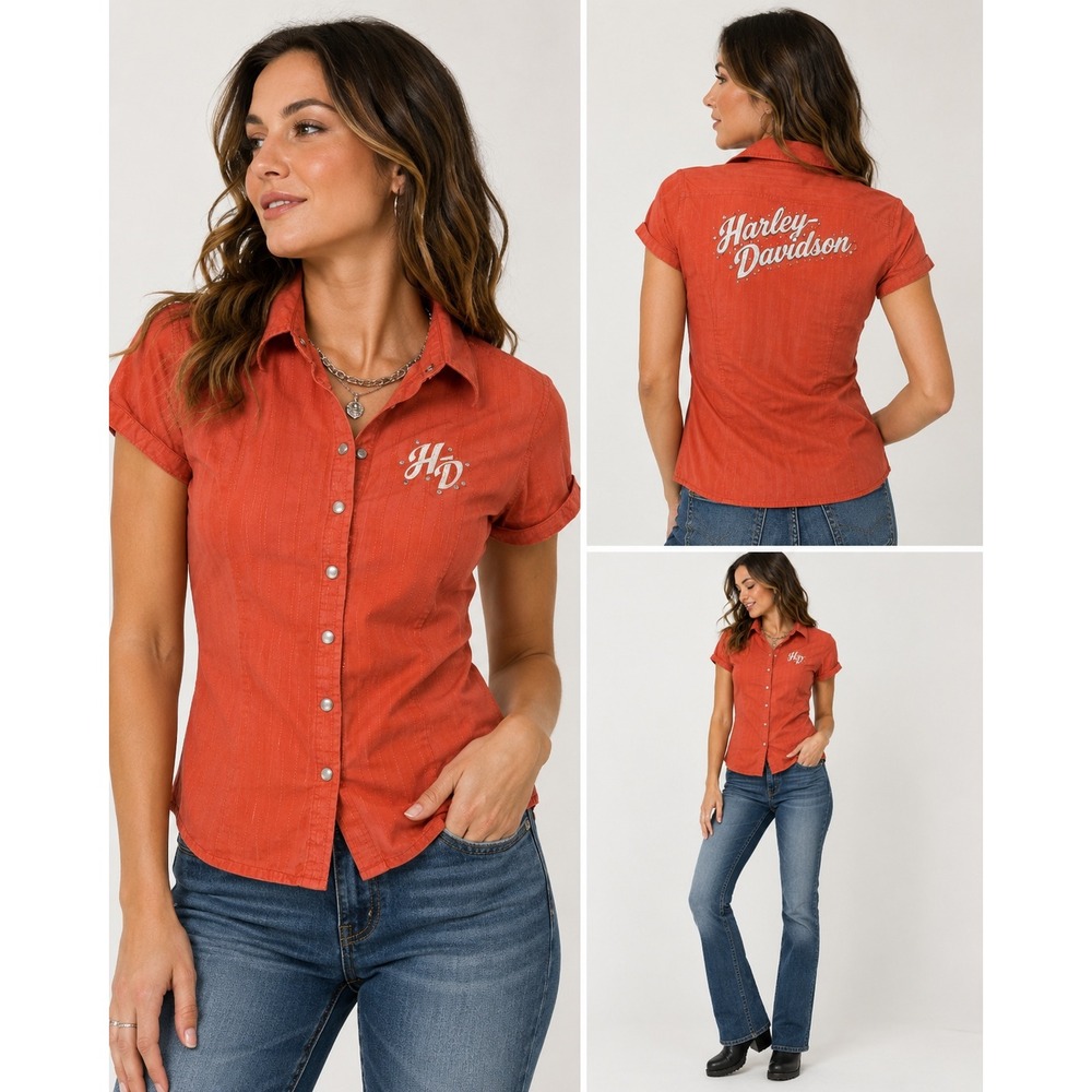 Harley Davidson Y2K women's pearl snap rhinestone Mechanic top size S